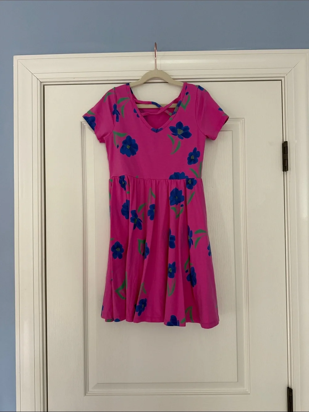Tea Collection Hot Pink Floral Short Sleeve Dress with Blue Flowers